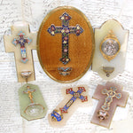 Antique French Napoleon III Holy Water Font, Champleve Enamel Cross on White Marble