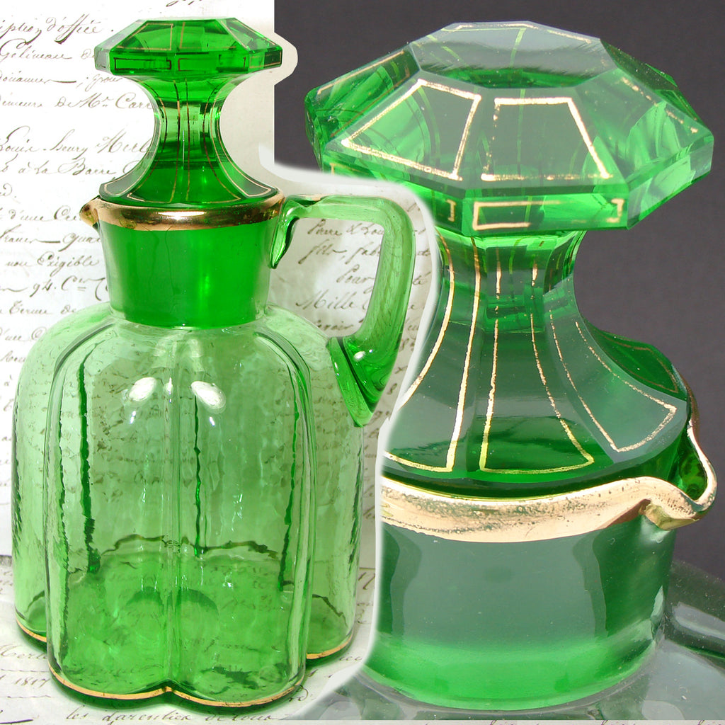 Antique French Green Uranium or Vaseline Glass 20oz Liqueur Decanter, Lobed with Gold Enamel