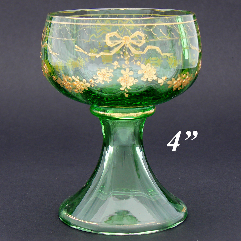 Antique French Blown Green Glass 4" Goblet or Sorbet Cup with Raised Gold Enamel Decoration