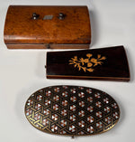 Three Antique French Napoleon III Jewelry or Sewing Etui Boxes, 3 in Fine Burl Wood and Boulle