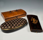 Three Antique French Napoleon III Jewelry or Sewing Etui Boxes, 3 in Fine Burl Wood and Boulle