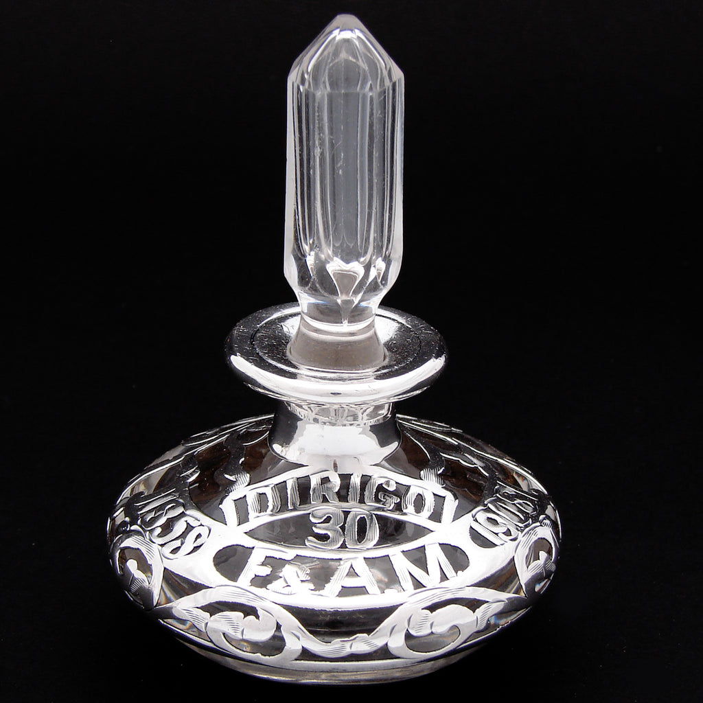 Antique Sterling Silver Overlay Scent or Perfume Bottle, "Dirigo 30 1858 1908" Inscription