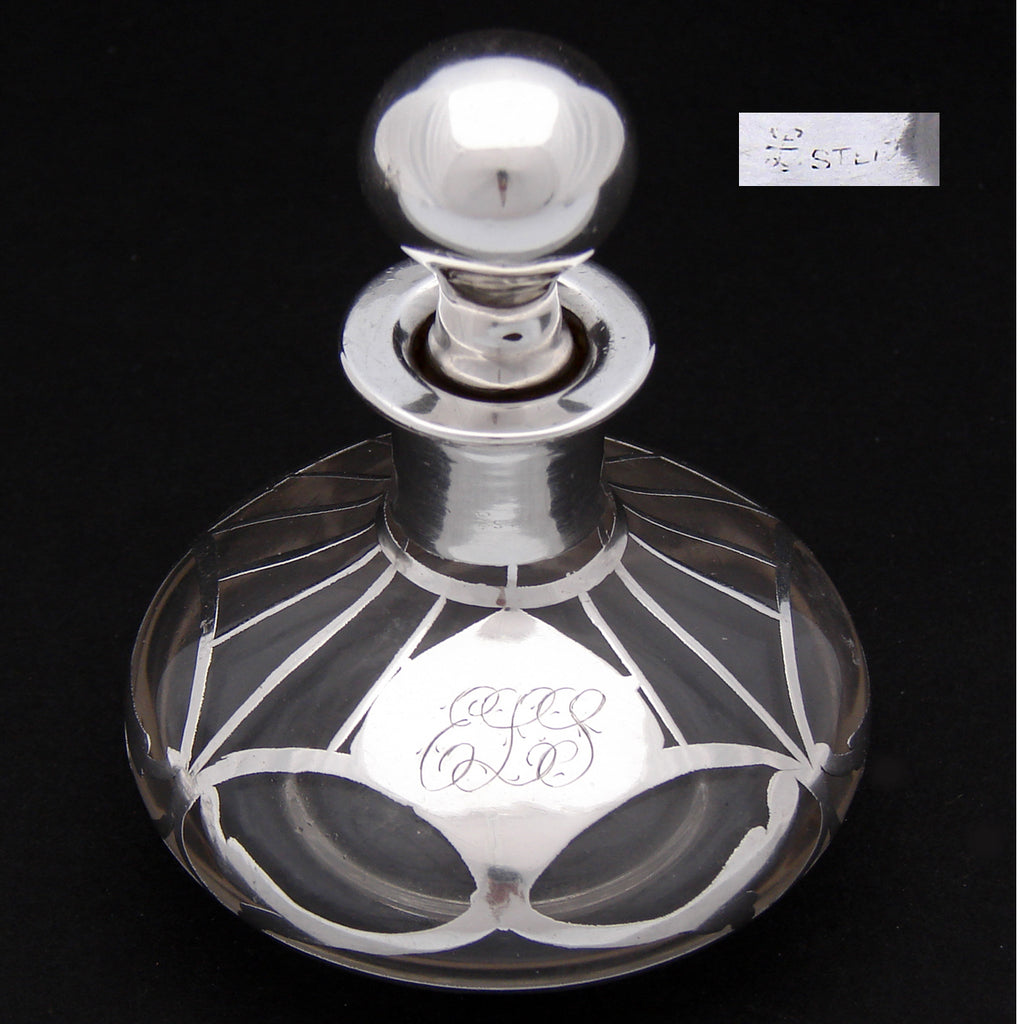 Antique La Pierre Mfg Co Sterling Silver Overlay Scent or Perfume Bottle, "ELS” Monogram