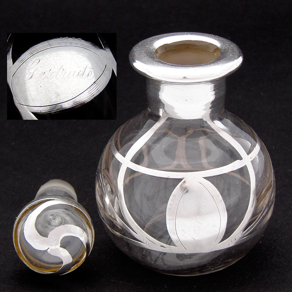 Charming Antique Sterling Silver Overlay 3.5" Scent or Perfume Bottle, "Gertrude" Inscription