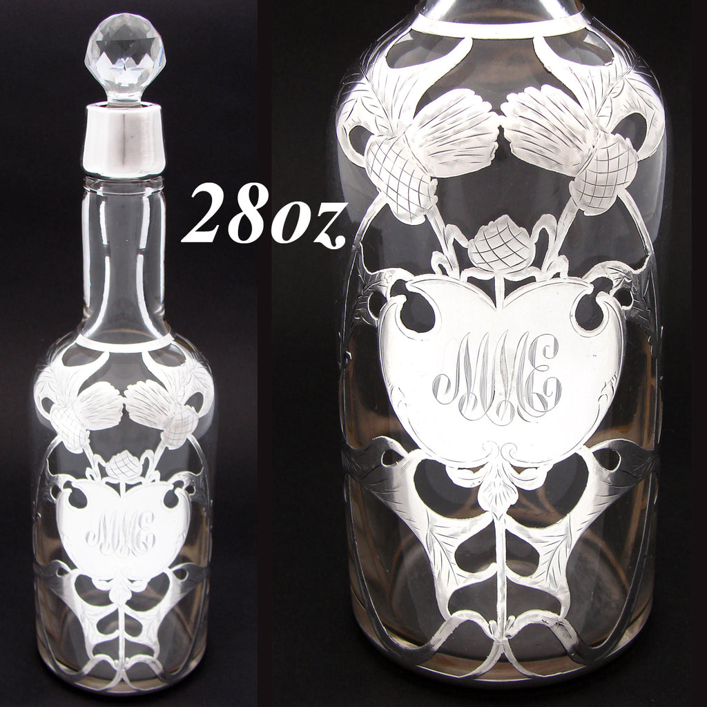 Antique Art Nouveau Sterling Silver Overlay 28oz Decanter, "MME" Monogram & Faceted Stopper