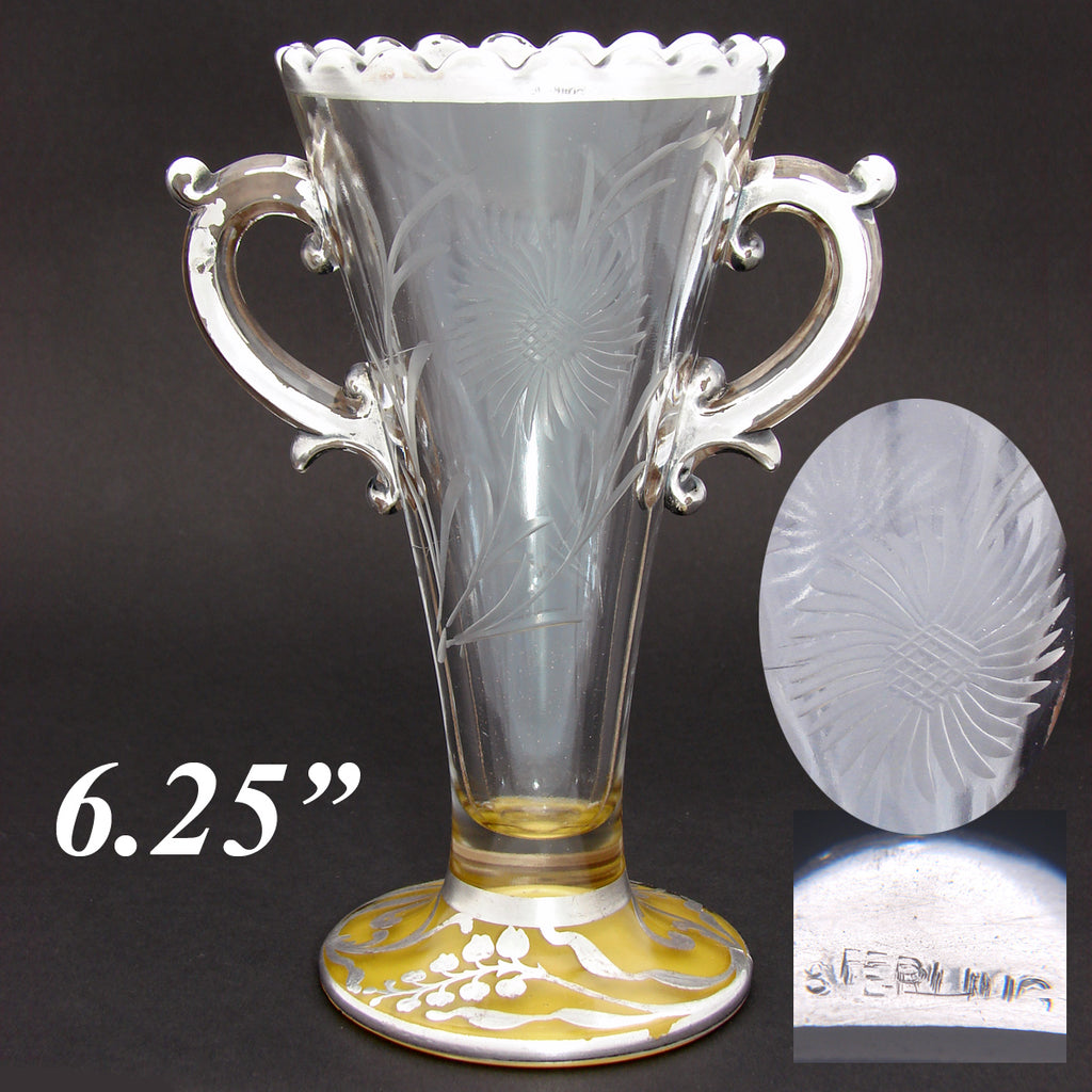 Antique Sterling Silver Overlay 6.25" Sterling Silver Overlay Goblet or Vase, Wheel Etched Floral Decoration