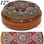Antique Victorian Era Beadwork Needlepoint Footstool, Marquetry Inlay Walnut