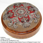 Antique Victorian Era Beadwork Needlepoint Footstool, Marquetry Inlay Walnut
