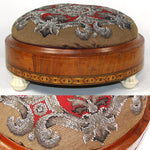 Antique Victorian Era Beadwork Needlepoint Footstool, Marquetry Inlay Walnut