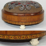 Antique Victorian Era Beadwork Needlepoint Footstool, Marquetry Inlay Walnut