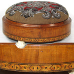 Antique Victorian Era Beadwork Needlepoint Footstool, Marquetry Inlay Walnut