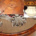 Antique Victorian Era Beadwork Needlepoint Footstool, Marquetry Inlay Walnut