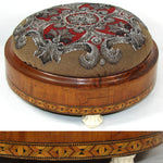 Antique Victorian Era Beadwork Needlepoint Footstool, Marquetry Inlay Walnut