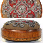 Antique Victorian Era Beadwork Needlepoint Footstool, Marquetry Inlay Walnut