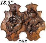 Museum Quality Antique Breinz Black Forest Carved 18'5" Wall Plaque PAIR, "Fruits of the Hunt" with Stag & Fox ++