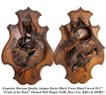 Museum Quality Antique Breinz Black Forest Carved 18'5" Wall Plaque PAIR, "Fruits of the Hunt" with Stag & Fox ++
