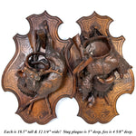 Museum Quality Antique Breinz Black Forest Carved 18'5" Wall Plaque PAIR, "Fruits of the Hunt" with Stag & Fox ++