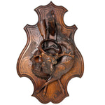 Museum Quality Antique Breinz Black Forest Carved 18'5" Wall Plaque PAIR, "Fruits of the Hunt" with Stag & Fox ++