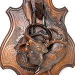 Museum Quality Antique Breinz Black Forest Carved 18'5" Wall Plaque PAIR, "Fruits of the Hunt" with Stag & Fox ++