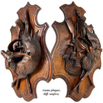 Museum Quality Antique Breinz Black Forest Carved 18'5" Wall Plaque PAIR, "Fruits of the Hunt" with Stag & Fox ++