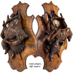 Museum Quality Antique Breinz Black Forest Carved 18'5" Wall Plaque PAIR, "Fruits of the Hunt" with Stag & Fox ++