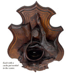 Museum Quality Antique Breinz Black Forest Carved 18'5" Wall Plaque PAIR, "Fruits of the Hunt" with Stag & Fox ++