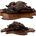Museum Quality Antique Breinz Black Forest Carved 18'5" Wall Plaque PAIR, "Fruits of the Hunt" with Stag & Fox ++