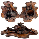 Museum Quality Antique Breinz Black Forest Carved 18'5" Wall Plaque PAIR, "Fruits of the Hunt" with Stag & Fox ++