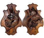 Museum Quality Antique Breinz Black Forest Carved 18'5" Wall Plaque PAIR, "Fruits of the Hunt" with Stag & Fox ++