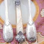 Antique French Sterling Silver 3pc Flatware Setting for One, Mother of Pearl Handle Cardeilhac Knife