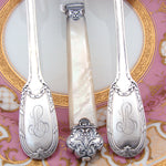 Antique French Sterling Silver 3pc Flatware Setting for One, Mother of Pearl Handle Cardeilhac Knife