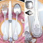 Antique French Puiforcat Sterling Silver 3pc Flatware Setting for One, Mother of Pearl Handle Cardeilhac Knife