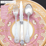 Antique French Puiforcat Sterling Silver 3pc Flatware Setting for One, Mother of Pearl Handle Cardeilhac Knife