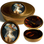 Antique French Dore Bronze Snuff Box with Portrait Miniature, Like Marie-Antoinette w Big Hat