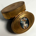 Antique French Dore Bronze Snuff Box with Portrait Miniature, Like Marie-Antoinette w Big Hat