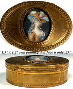 Antique French Dore Bronze Snuff Box with Portrait Miniature, Like Marie-Antoinette w Big Hat