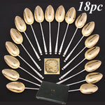 Antique French Sterling Silver & 18k Gold Vermeil 18pc Teaspoon or Dessert Spoon Set, Orig. Box