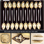 Antique French Sterling Silver & 18k Gold Vermeil 18pc Teaspoon or Dessert Spoon Set, Orig. Box
