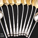 Antique French Sterling Silver & 18k Gold Vermeil 18pc Teaspoon or Dessert Spoon Set, Orig. Box