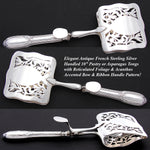 Antique French Sterling Silver Handled 10" Pastry or Asparagus Tongs, Bow & Ribbon, Acanthus