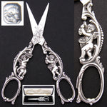 RARE Antique French Sterling Silver Grape Shears, Scissors, Winged Cherubs or Putti in Crown Top Box