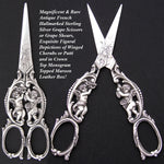 RARE Antique French Sterling Silver Grape Shears, Scissors, Winged Cherubs or Putti in Crown Top Box