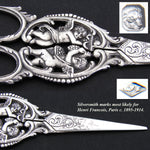 RARE Antique French Sterling Silver Grape Shears, Scissors, Winged Cherubs or Putti in Crown Top Box