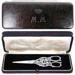 RARE Antique French Sterling Silver Grape Shears, Scissors, Winged Cherubs or Putti in Crown Top Box