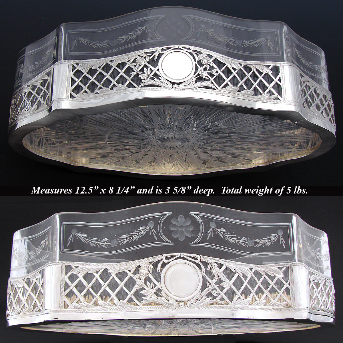 RARE Antique French Sterling Silver & Intaglio Engraved Glass 12.5