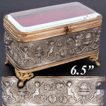 Lovely Antique French Napoleon III Jewelry Casket, Box, Figural Bas Relief & Beveled Glass Vitrine