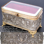Lovely Antique French Napoleon III Jewelry Casket, Box, Figural Bas Relief & Beveled Glass Vitrine