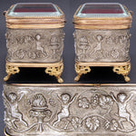 Lovely Antique French Napoleon III Jewelry Casket, Box, Figural Bas Relief & Beveled Glass Vitrine