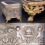 Lovely Antique French Napoleon III Jewelry Casket, Box, Figural Bas Relief & Beveled Glass Vitrine