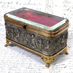 Lovely Antique French Napoleon III Jewelry Casket, Box, Figural Bas Relief & Beveled Glass Vitrine